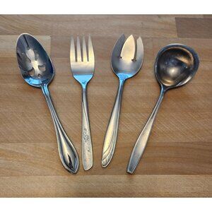 Set of 4 Mismatched Stainless Steel Serving Utensils Slotted Spoon, Forks, Ladle